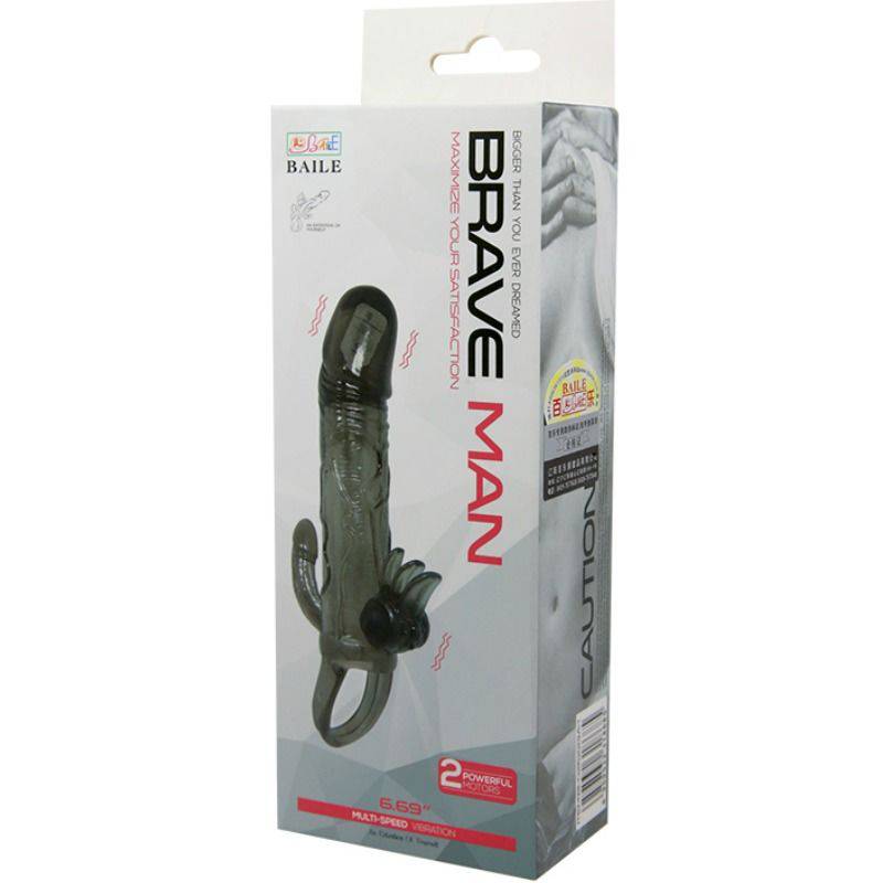 BAILE - CAPA PARA PÉNIS BRAVE MAN COM ESTIMULAÇÃO CLITÓRICA E ANAL DUPLA BALA PRETA 16.5 CM - Toys "n" Us