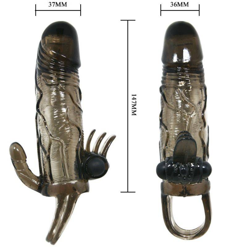 BAILE - CAPA PARA PÉNIS BRAVE MAN COM ESTIMULAÇÃO CLITÓRICA E ANAL DUPLA BALA PRETA 16.5 CM - Toys "n" Us