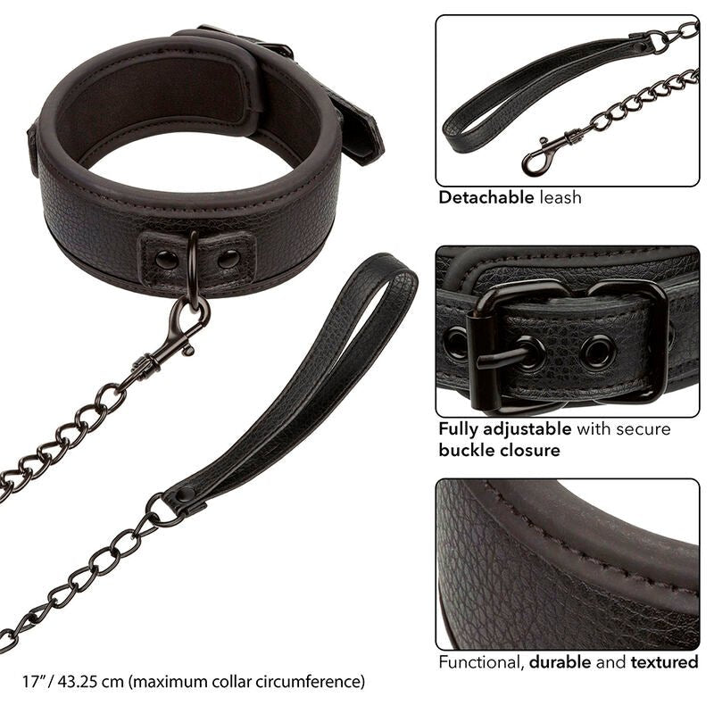 CALEXOTICS - NOCTURNAL COLLAR & LEASH LEATHER ADJUSTABLE BLACK - Toys "n" Us