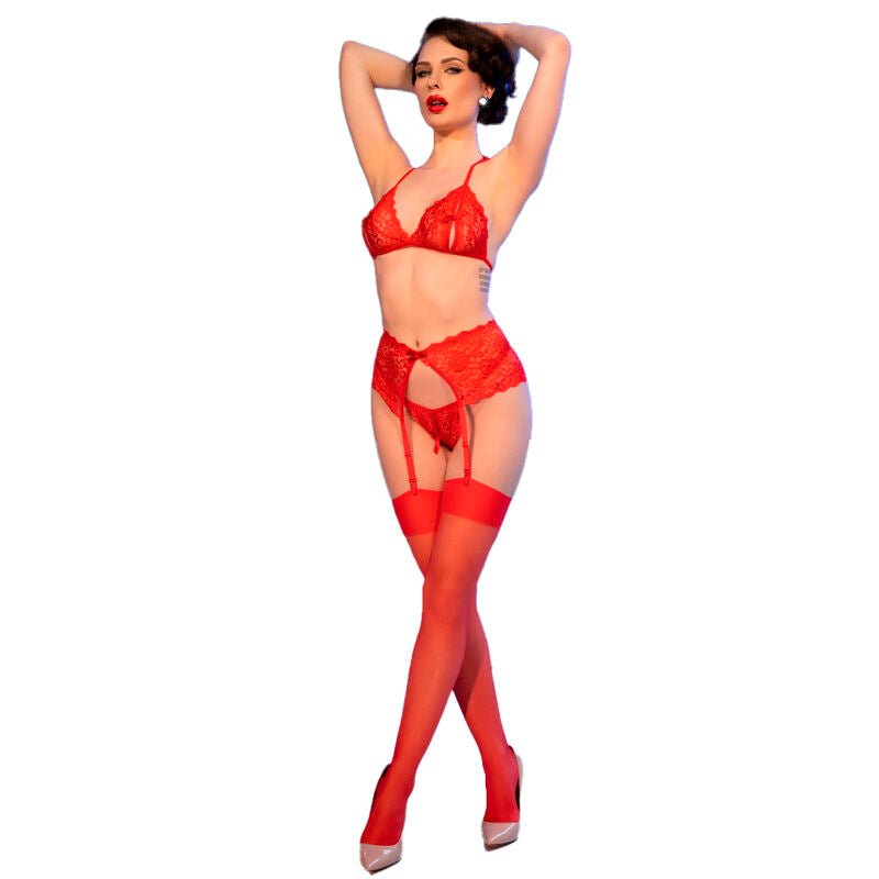 CHILIROSE - CR 4848 RED LACE BRA + THONG + STOCKINGS SET XL - Toys "n" Us