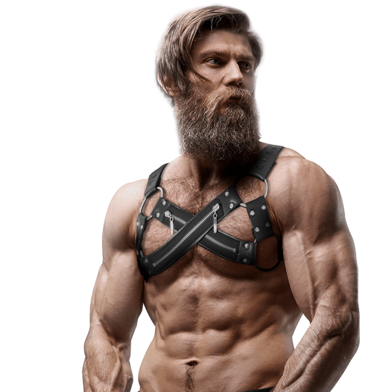 FETISH SUBMISSIVE ATTITUDE - ADJUSTABLE NEOPRENE CROSS - OVER CHEST BULLDOG HARNESS WITH ZIPPERS FOR MEN - Toys "n" Us