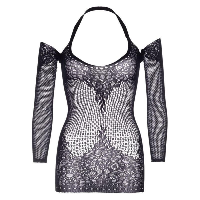 LEG AVENUE - MINI VESTIDO DE RENDA COM TORÇÃO HALTER TAMANHO ÚNICO