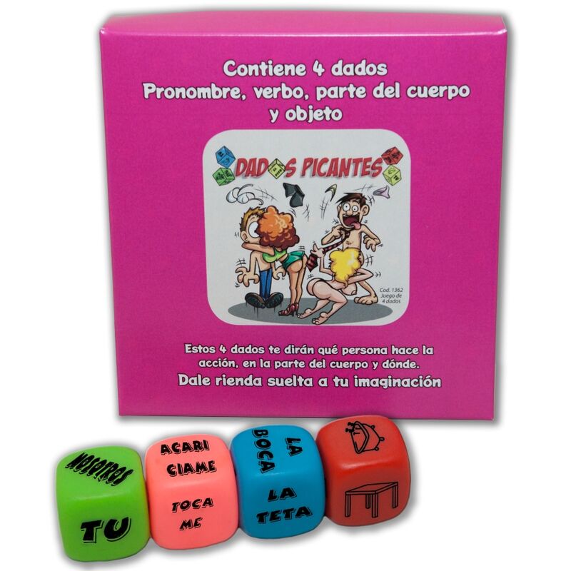 DIABLO PICANTE - JOGO DE 4 DADOS COM PRONOME, VERBO, PARTE DO CORPO E LUGAR