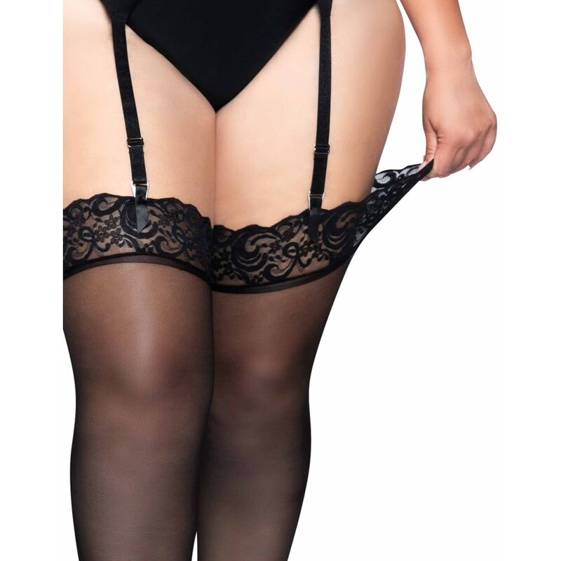 LEG AVENUE - OUTLET - MEIAS DE NYLON PRETAS COM TOP DE RENDA PLUS