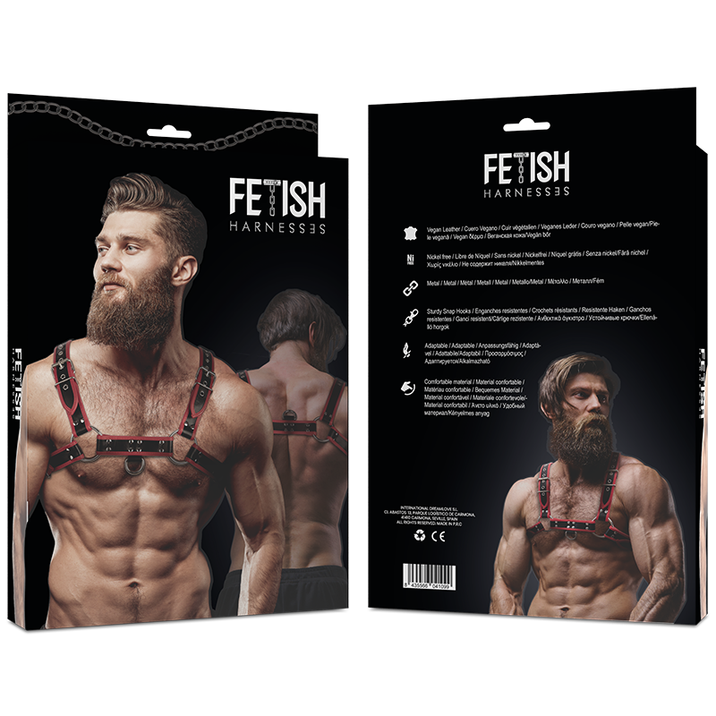 ATITUDE FETICHE SUBMISSIVA - ARNÊS DE PEITORAL DE COURO ECOLÓGICO MASCULINO PRETO/VERMELHO