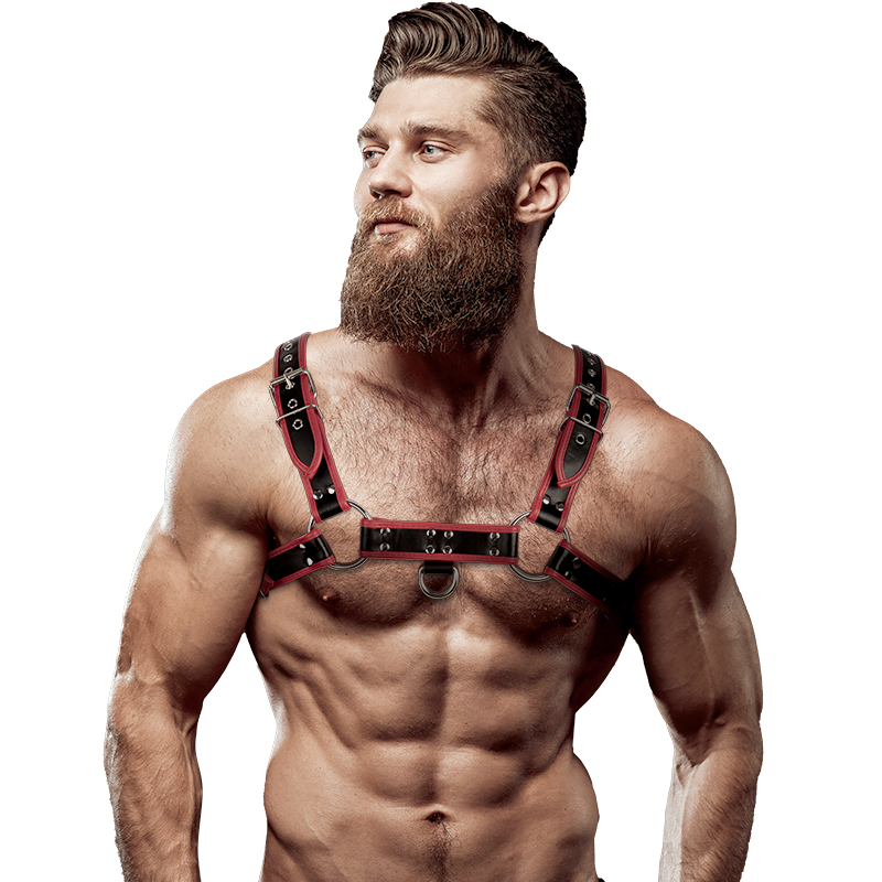 ATITUDE FETICHE SUBMISSIVA - ARNÊS DE PEITORAL DE COURO ECOLÓGICO MASCULINO PRETO/VERMELHO