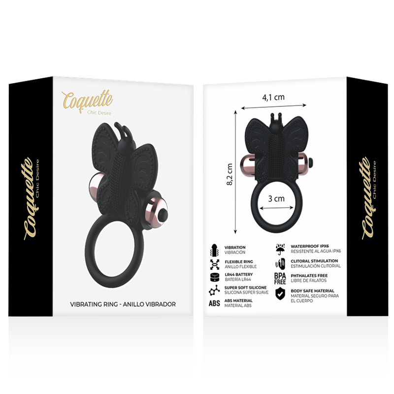 COQUETTE CHIC DESIRE - ANEL PENINICAL BORBOLETA COM VIBRADOR PRETO/DOURADO