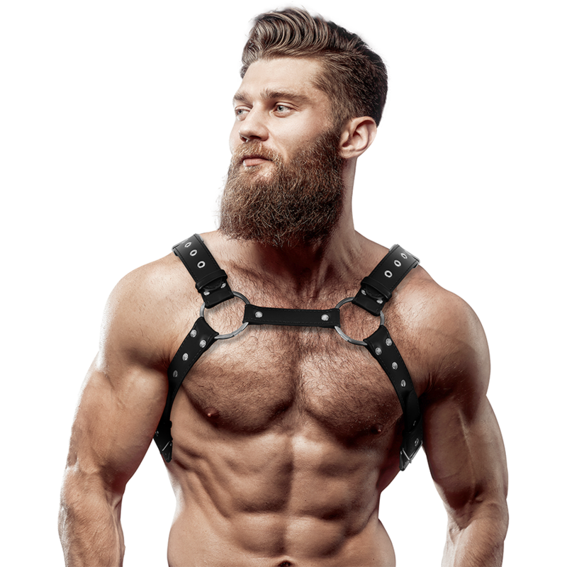 ATITUDE FETICHE SUBMISSIVA - ARNÊS DE PEITORAL MASCULINO DE COURO ECOLÓGICO COM TACHAS