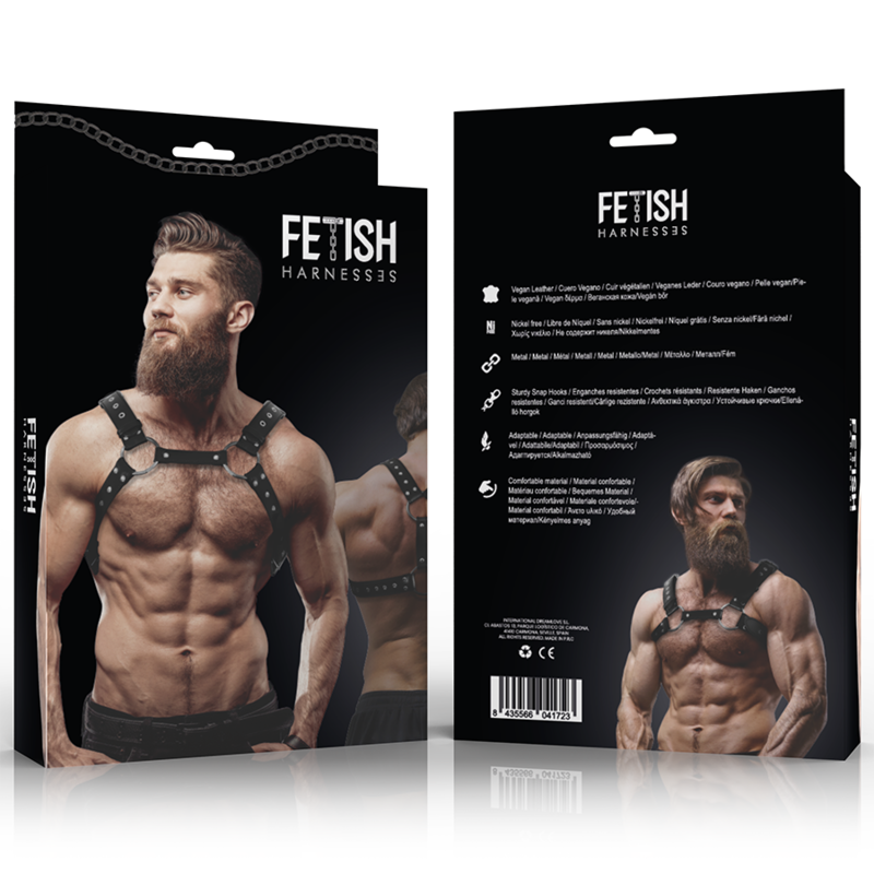ATITUDE FETICHE SUBMISSIVA - ARNÊS DE PEITORAL MASCULINO DE COURO ECOLÓGICO COM TACHAS
