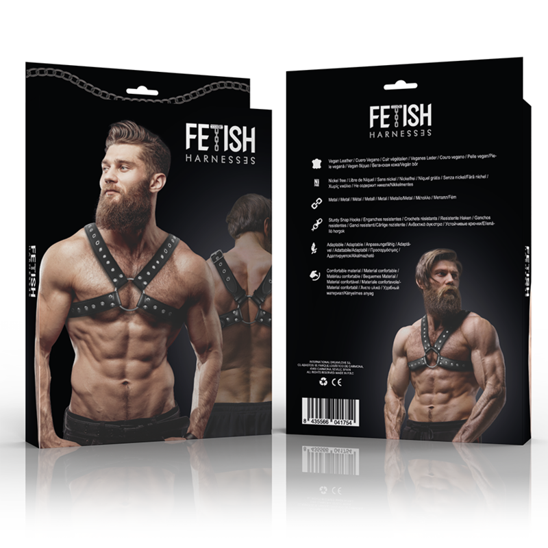 ATITUDE FETICHE SUBMISSIVA - ARNÊS DE PEITORAL DE COURO ECOLÓGICO CRUZADO MASCULINO COM TACHAS