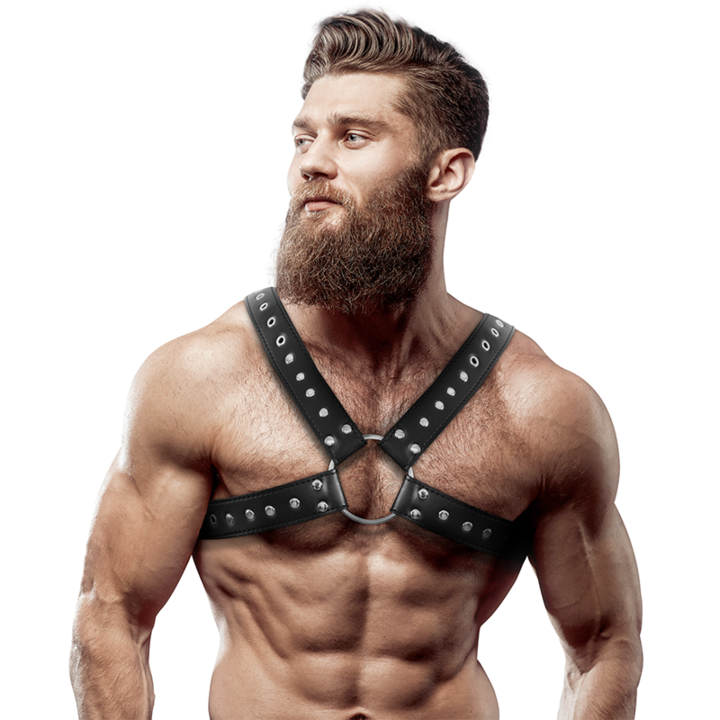 ATITUDE FETICHE SUBMISSIVA - ARNÊS DE PEITORAL DE COURO ECOLÓGICO CRUZADO MASCULINO COM TACHAS