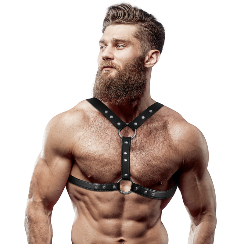 ATITUDE FETICHE SUBMISSIVA - ARNÊS DE PEITO EM COURO ECOLÓGICO COM DUPLO SUPORTE E TACHAS PARA HOMENS