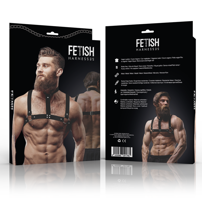 ATITUDE FETICHE SUBMISSIVA - ARNÊ DE PEITO AJUSTÁVEL EM COURO ECOLÓGICO COM COLAR PARA HOMENS