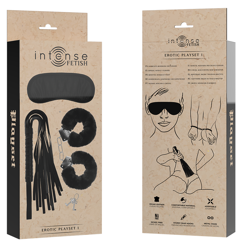 INTENSO - FETICHE ERÓTICO PLAYSET 1 COM ALGEMAS, MÁSCARA CEGA E FLOGGER