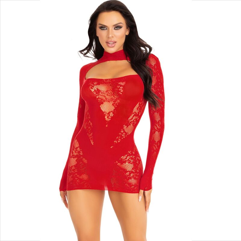 LEG AVENUE - MINI VESTIDO COM RENDA MANGA LONGA VERMELHO