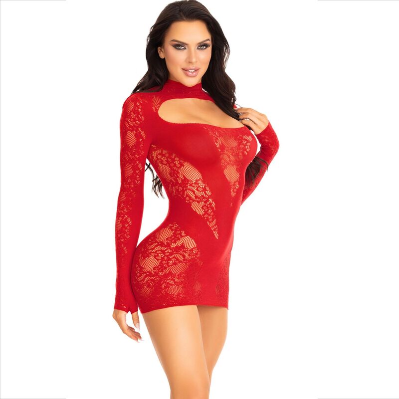 LEG AVENUE - MINI VESTIDO COM RENDA MANGA LONGA VERMELHO