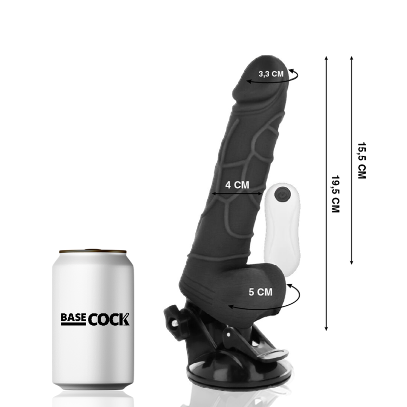 BASECOCK - VIBRADOR REALISTA CONTROL REMOTO NEGRO CON TESTICULOS 19.5 CM -O- 4 CM
