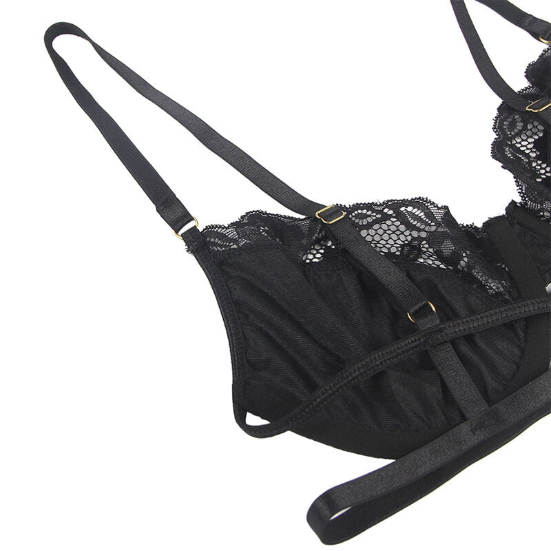 SUBBLIME - SET DE 3 PIEZAS SUJETADOR + TANGA + LIGA DE ENCAJE NEGRO L/XL