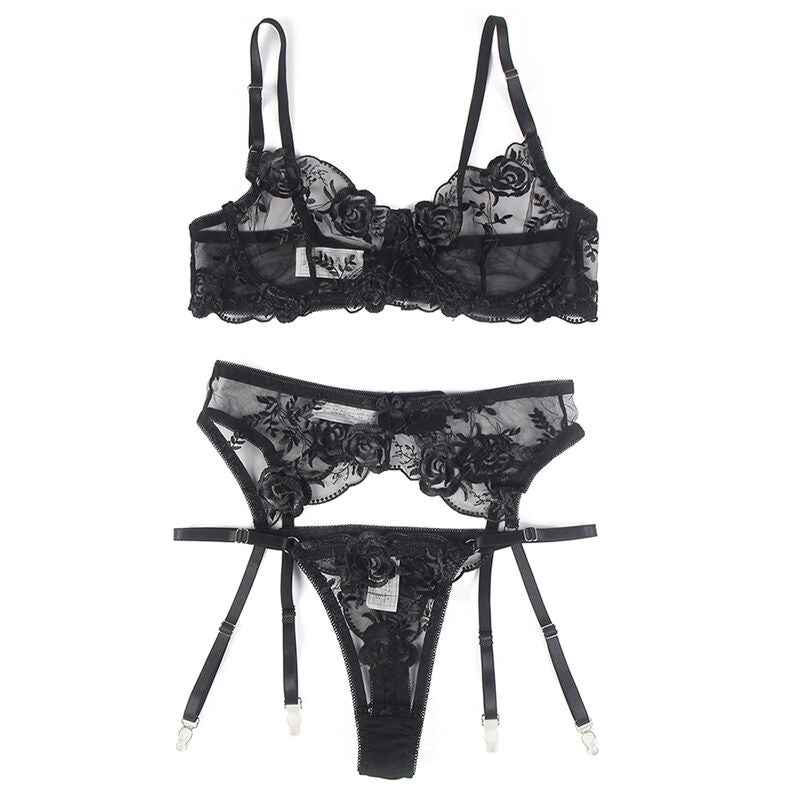 SUBBLIME - SET DE 3 PIEZAS SUJETADOR + TANGA + LIGUERO ESTAMPADO FLORAL NEGRO L/XL