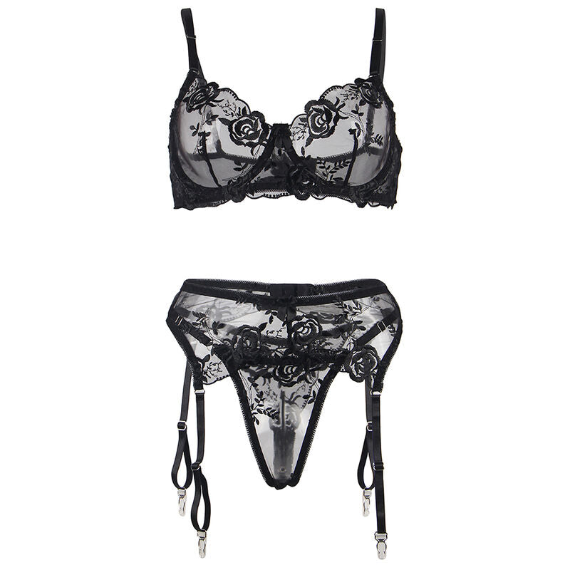 SUBBLIME - SET DE 3 PIEZAS SUJETADOR + TANGA + LIGUERO ESTAMPADO FLORAL NEGRO L/XL