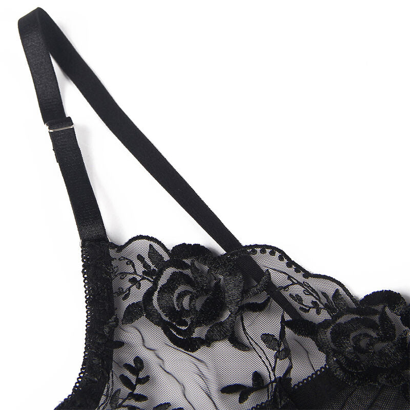 SUBBLIME - SET DE 3 PIEZAS SUJETADOR + TANGA + LIGUERO ESTAMPADO FLORAL NEGRO L/XL