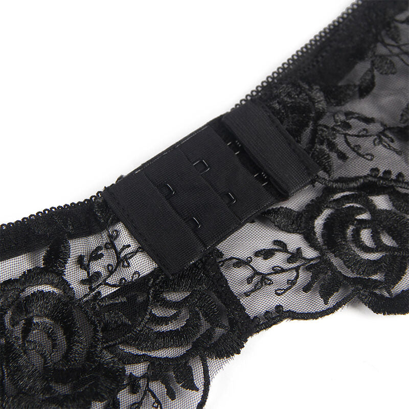 SUBBLIME - SET DE 3 PIEZAS SUJETADOR + TANGA + LIGUERO ESTAMPADO FLORAL NEGRO L/XL