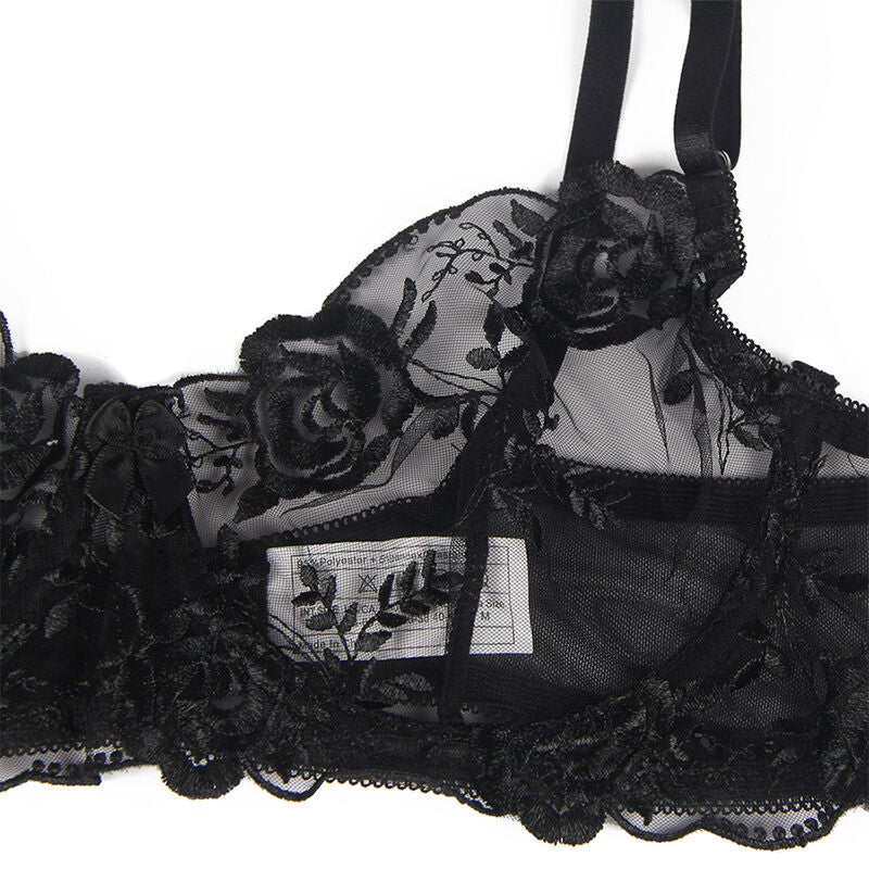 SUBBLIME - SET DE 3 PIEZAS SUJETADOR + TANGA + LIGUERO ESTAMPADO FLORAL NEGRO L/XL