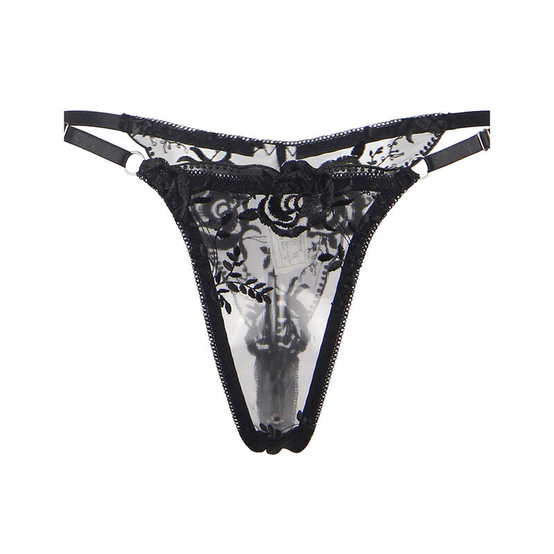 SUBBLIME - SET DE 3 PIEZAS SUJETADOR + TANGA + LIGUERO ESTAMPADO FLORAL NEGRO L/XL