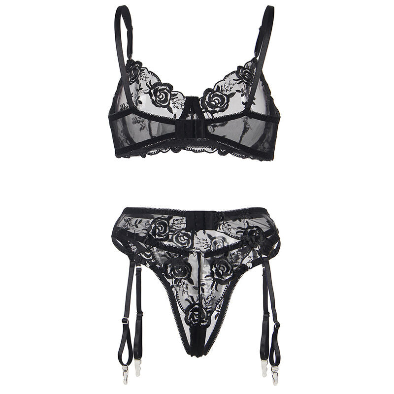 SUBBLIME - SET DE 3 PIEZAS SUJETADOR + TANGA + LIGUERO ESTAMPADO FLORAL NEGRO L/XL
