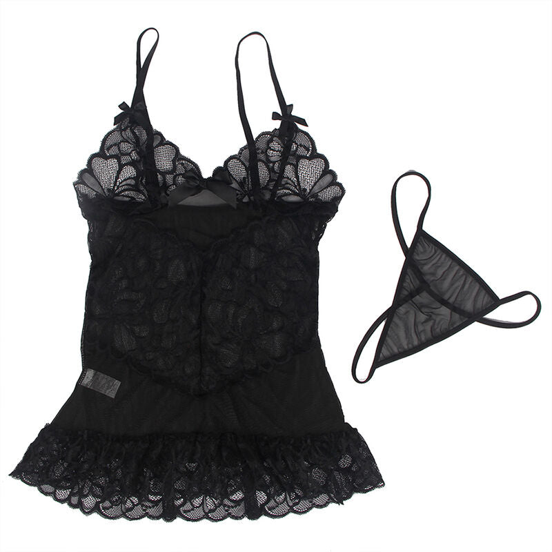 SUBBLIME - BABYDOLL COM ALÇAS AJUSTÁVEIS E RENDA TRANSPARENTE ESTAMPA FLORAL PRETA L/XL