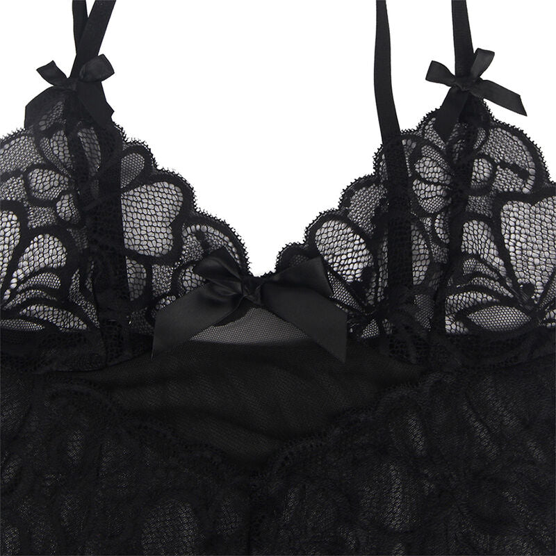 SUBBLIME - BABYDOLL COM ALÇAS AJUSTÁVEIS E RENDA TRANSPARENTE ESTAMPA FLORAL PRETA L/XL