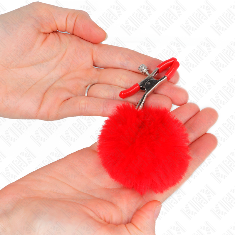 KINK - Grampo de mamilo com bola de pelo sintético vermelho 6 cm