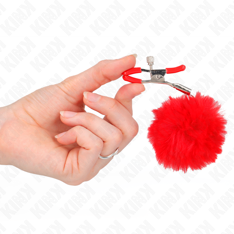 KINK - Grampo de mamilo com bola de pelo sintético vermelho 6 cm