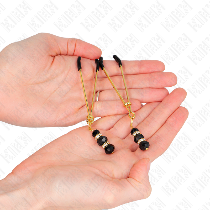 KINK - Grampos finos dourados para mamilos com 3 contas de vidro pretas de 7 cm