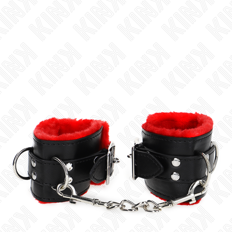 KINK - RESTRIÇÕES DE PULSO FORRADAS DE PELE COM FUROS QUADRADOS CINTO VERMELHO E PRETO AJUSTÁVEL 17-29 CM X 6 CM