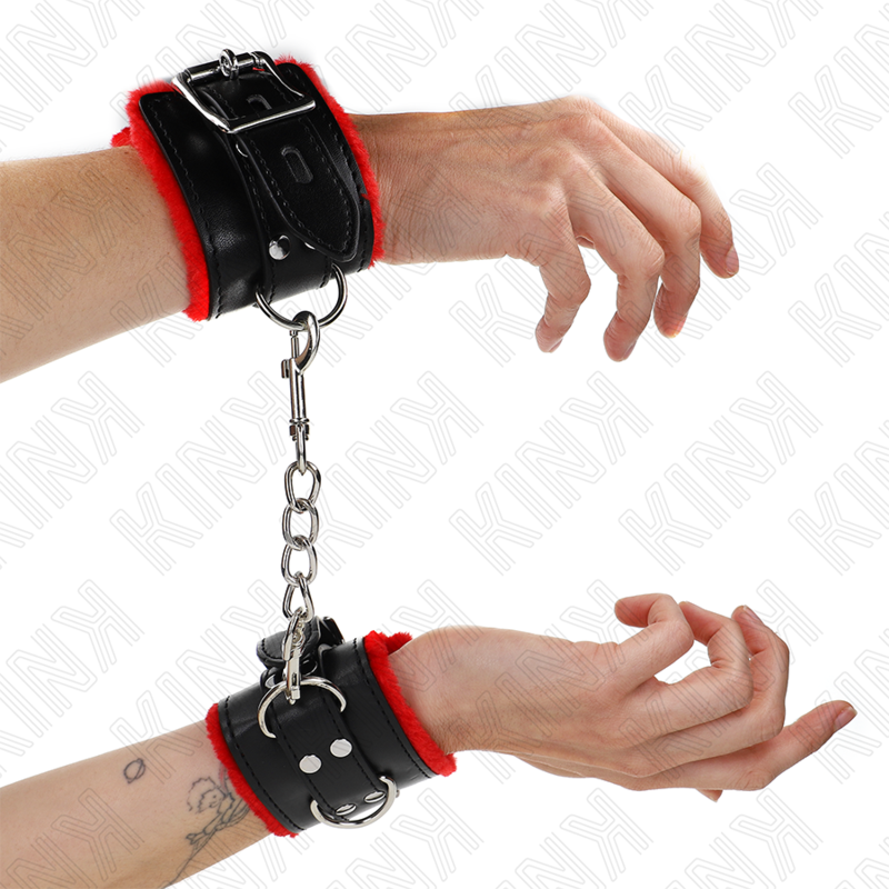 KINK - RESTRIÇÕES DE PULSO FORRADAS DE PELE COM FUROS QUADRADOS CINTO VERMELHO E PRETO AJUSTÁVEL 17-29 CM X 6 CM