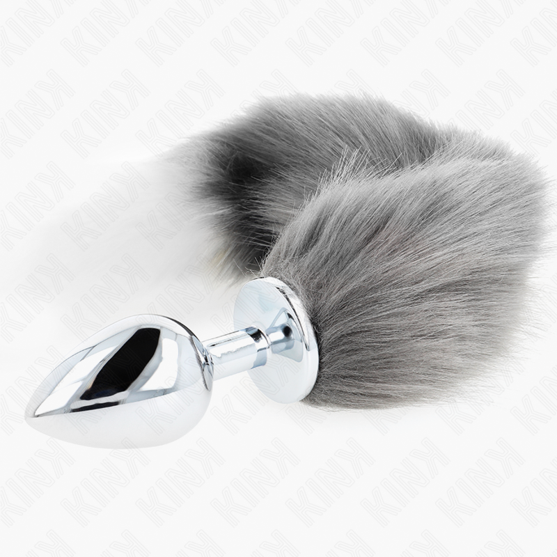 KINK - PLUG ANAL TAMANHO L 10 X 4 CM COM RABO SINTÉTICO 40 CM CINZA E BRANCO
