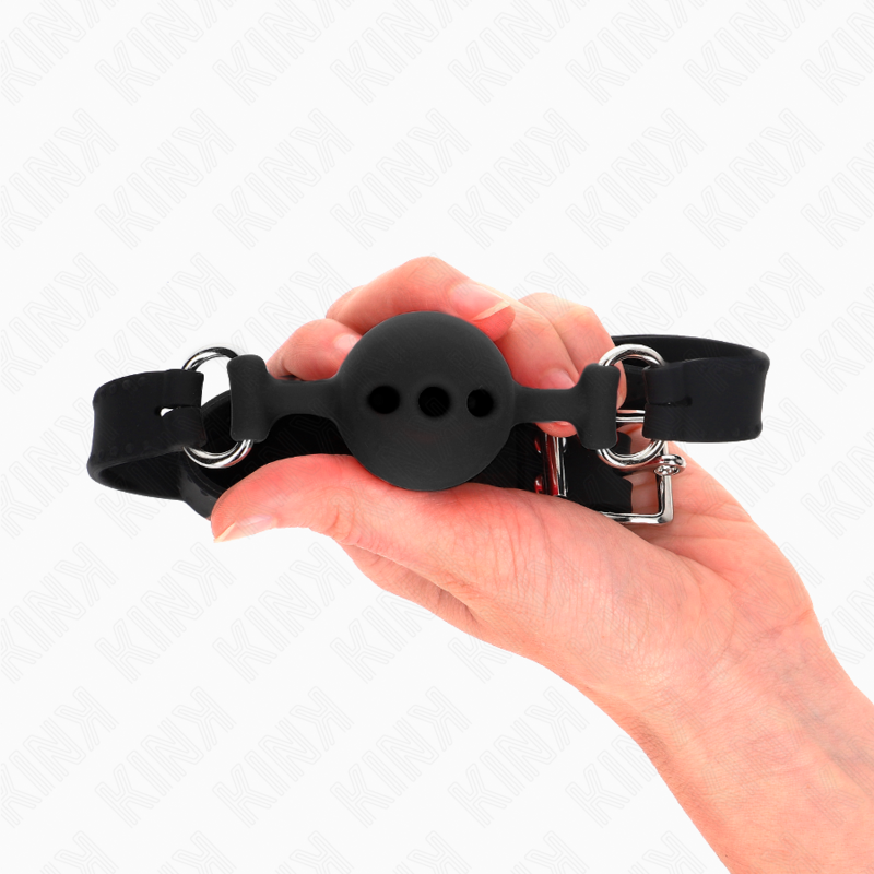KINK - MORDAÇA DE SILICONE COMPLETA 55 x 2 CM COM BOLA DE 4 CM TAMANHO S PRETA AJUSTÁVEL 35-51 CM