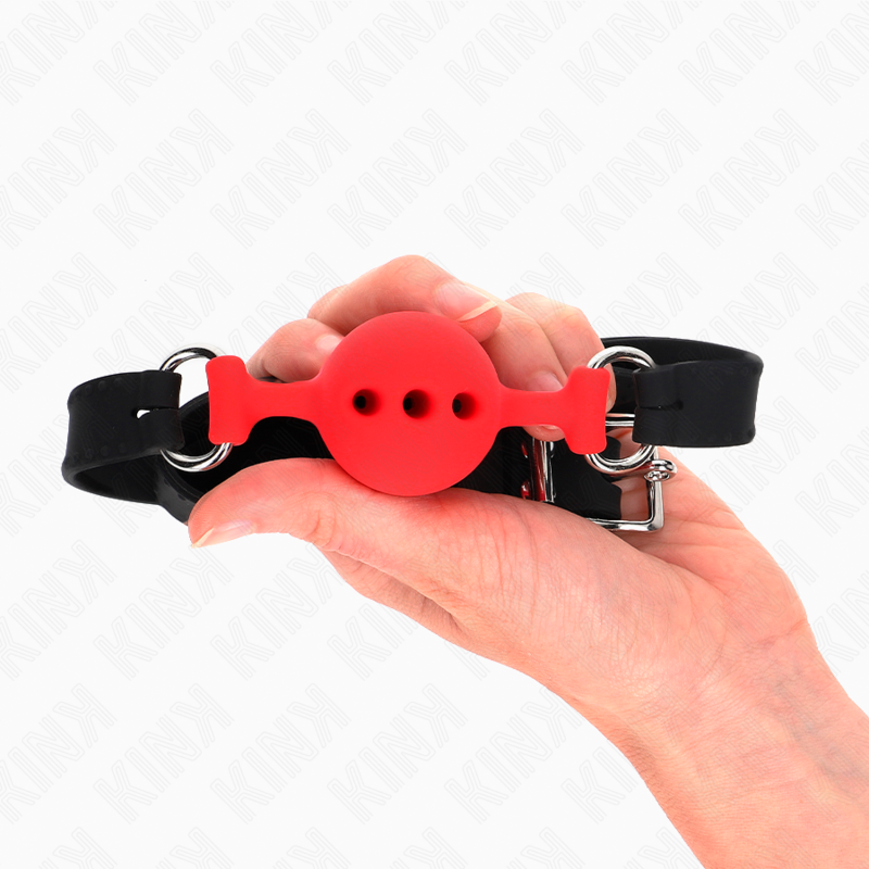 KINK - MORDAÇA DE SILICONE COMPLETA 55 x 2 CM COM BOLA DE 4 CM TAMANHO S VERMELHO AJUSTÁVEL 35-51 CM