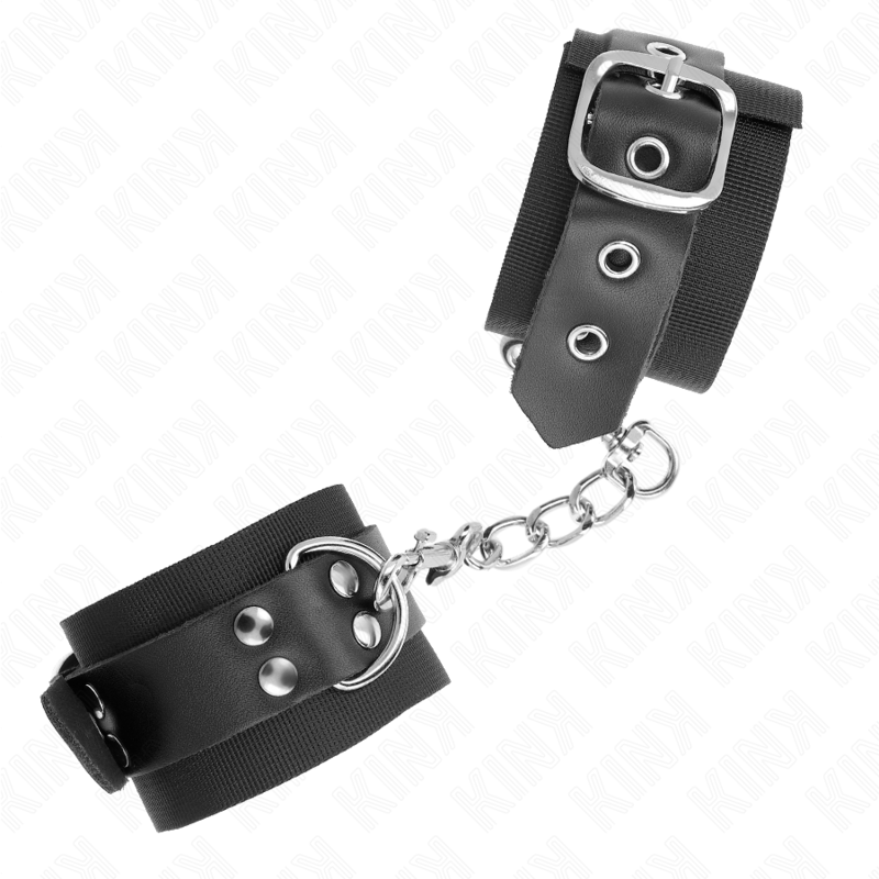 KINK - RESTRIÇÕES DE PUNHO DE NYLON PRETO COM CINTO DE COURO PRETO AJUSTÁVEL 19-29 CM X 5,1 CM
