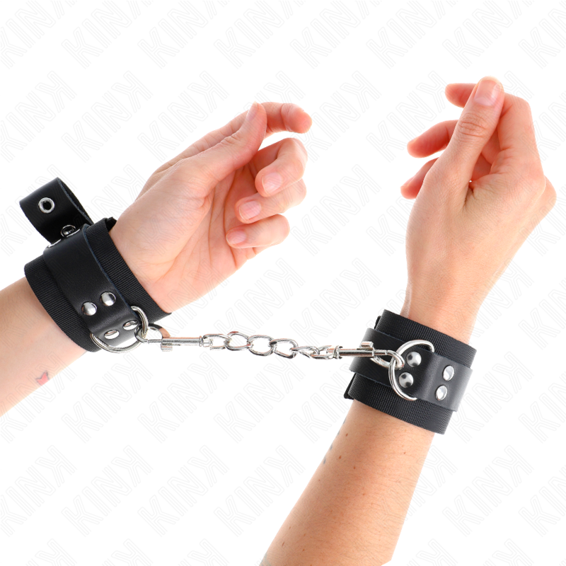 KINK - RESTRIÇÕES DE PUNHO DE NYLON PRETO COM CINTO DE COURO PRETO AJUSTÁVEL 19-29 CM X 5,1 CM