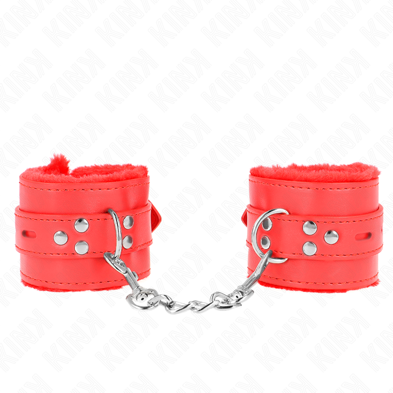 KINK - PUNHOS FORRADOS DE PELE COM FUROS QUADRADOS VERMELHOS E CINTO VERMELHO AJUSTÁVEL 17-29 CM X 6 CM