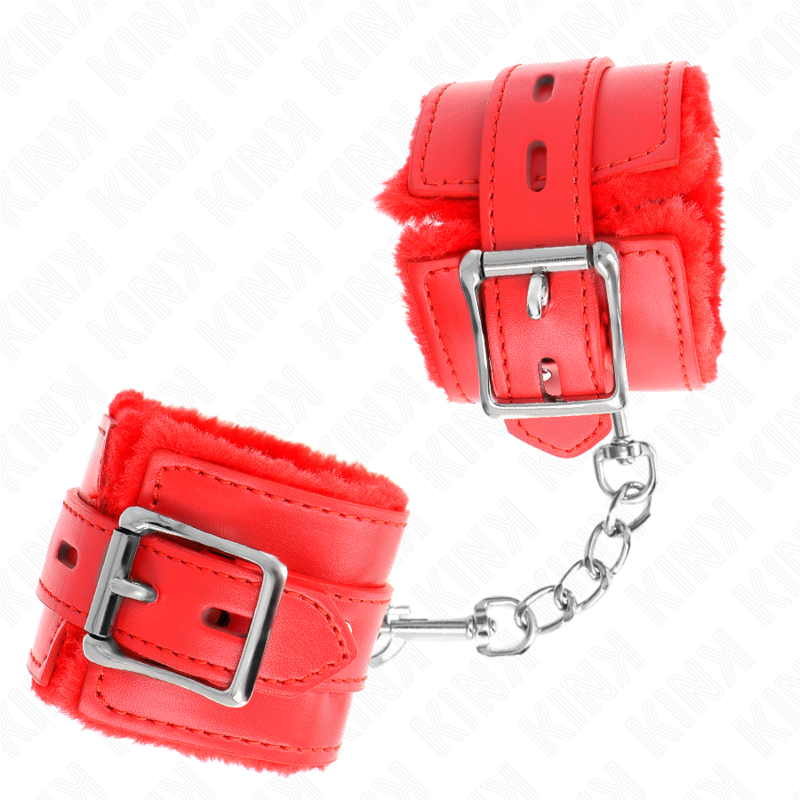 KINK - PUNHOS FORRADOS DE PELE COM FUROS QUADRADOS VERMELHOS E CINTO VERMELHO AJUSTÁVEL 17-29 CM X 6 CM