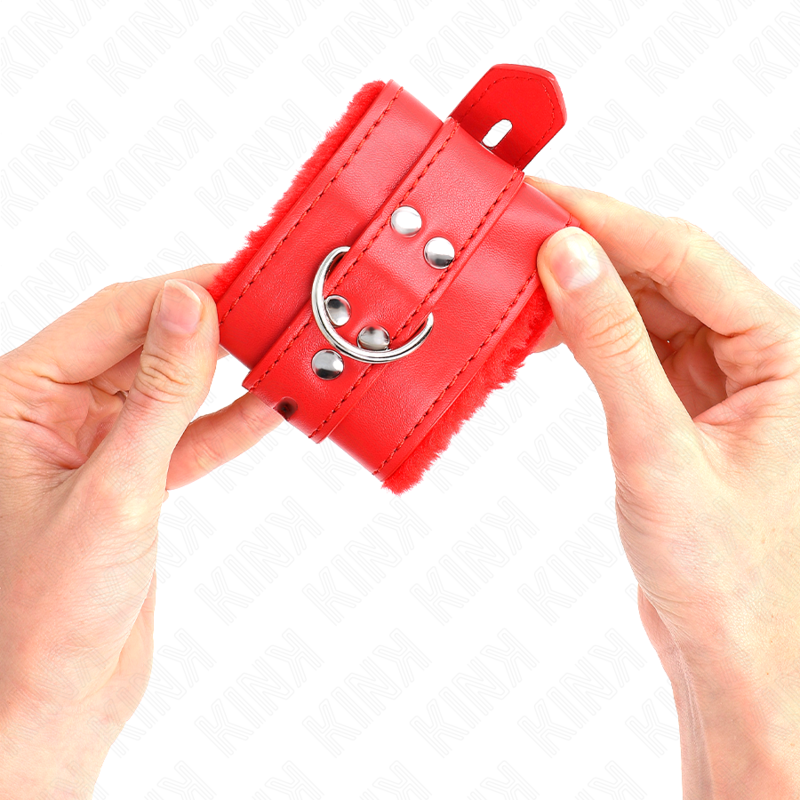 KINK - PUNHOS FORRADOS DE PELE COM FUROS QUADRADOS VERMELHOS E CINTO VERMELHO AJUSTÁVEL 17-29 CM X 6 CM