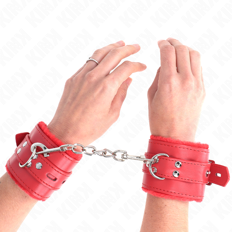 KINK - PUNHOS FORRADOS DE PELE COM FUROS QUADRADOS VERMELHOS E CINTO VERMELHO AJUSTÁVEL 17-29 CM X 6 CM