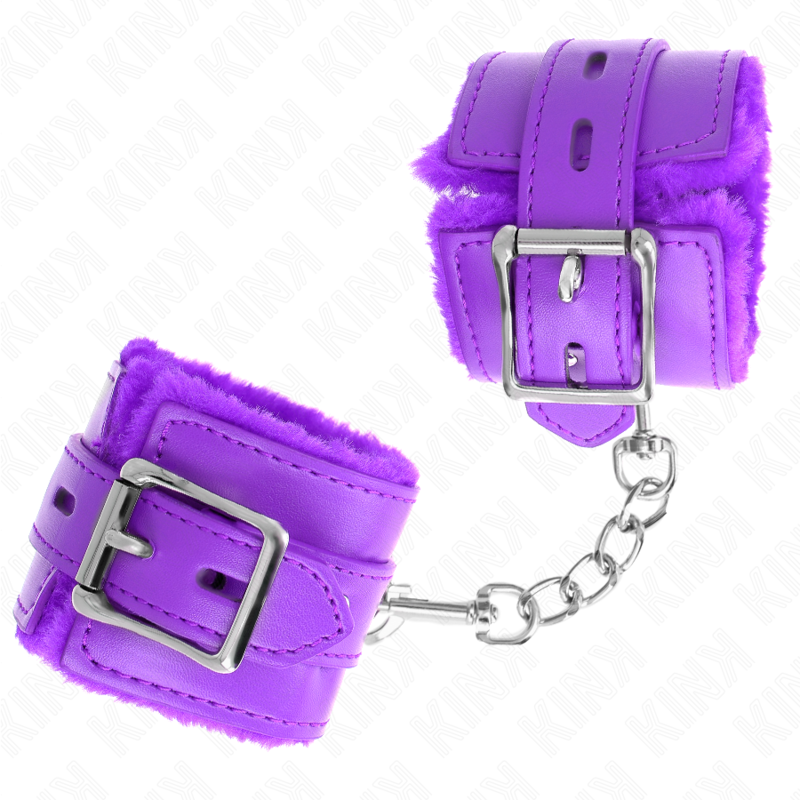 KINK - PULSEIRAS FORRADAS DE PELE COM FUROS QUADRADOS ROXO E CINTO ROXO AJUSTÁVEL 17-29 CM X 6 CM