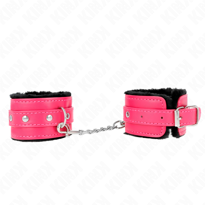 KINK - PULSEIRAS PREMIUM FORRADAS COM PELE PRETA COM CINTO DE FRAMBOESA ROSA AJUSTÁVEL 17-29 CM X 6 CM