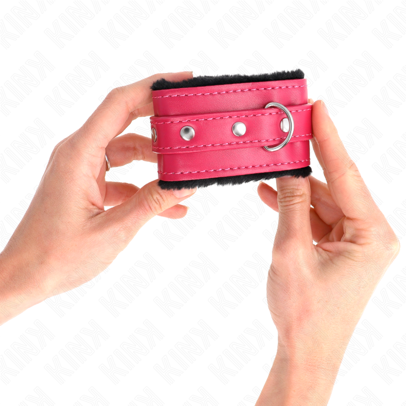 KINK - PULSEIRAS PREMIUM FORRADAS COM PELE PRETA COM CINTO DE FRAMBOESA ROSA AJUSTÁVEL 17-29 CM X 6 CM