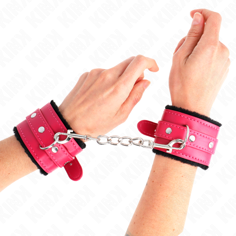 KINK - PULSEIRAS PREMIUM FORRADAS COM PELE PRETA COM CINTO DE FRAMBOESA ROSA AJUSTÁVEL 17-29 CM X 6 CM