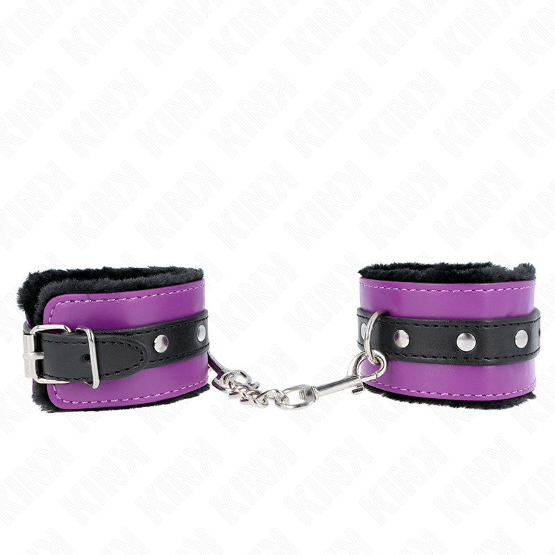 KINK - RESTRIÇÕES DE PULSO PREMIUM FORRADAS DE PELE PRETAS COM CINTO ROXO/PRETO AJUSTÁVEL 17-29 CM X 6 CM